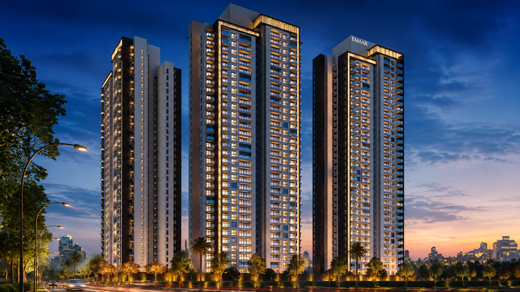 hero render — Amaris towers at dusk, Emaar luxury project Gurugram
